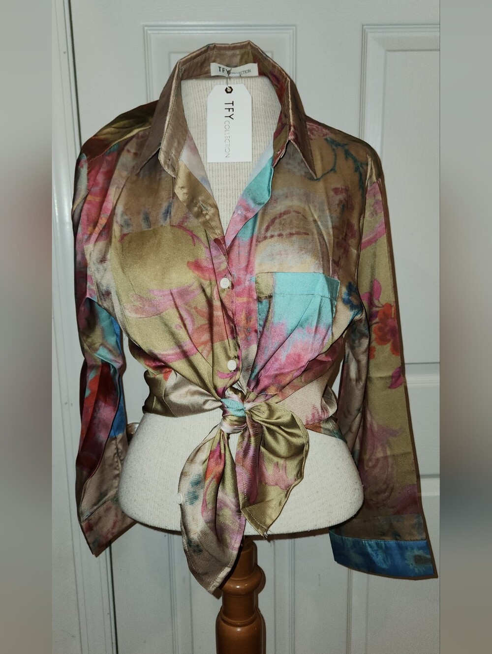 Painterly Floral Button-Down Blouse in Tan and Blue